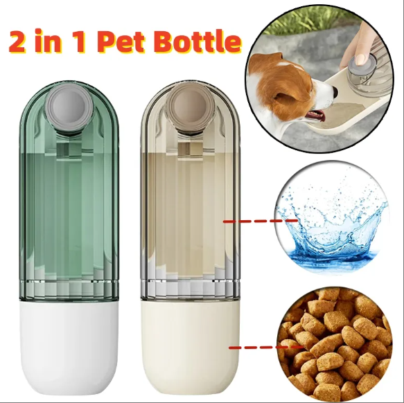 2-in-1 Portable Pet Water Bottle with Drinking Cup and Feeding Bowl